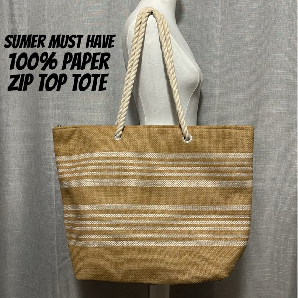 100% Paper ZipTop Tote-Striped-White/Natural Color-Rope Handles